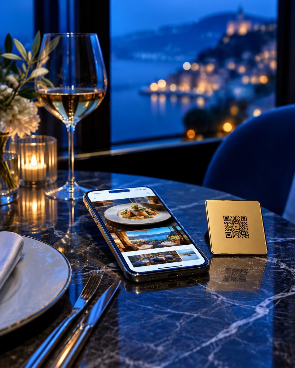 Smartphone con sito di un ristorante e QR code dorato